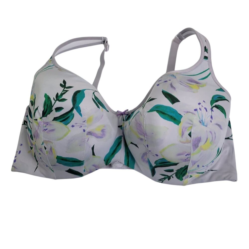Cacique Underwire Balconette Bra Size 42F Gray Green Floral Smooth Full Coverage